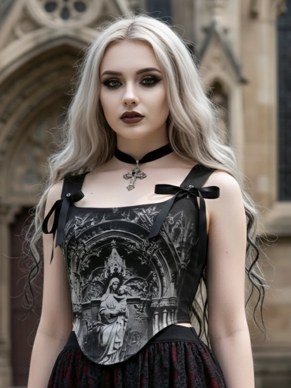 Gothic Black Graphic Corset-Style Blouse with Ribbon Straps
